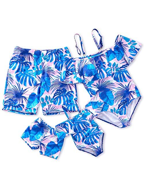 IFFEI Family Matching Swimwear One Piece Bathing Suit Newest Off Shoulder Floral Printed Ruffles Monokini