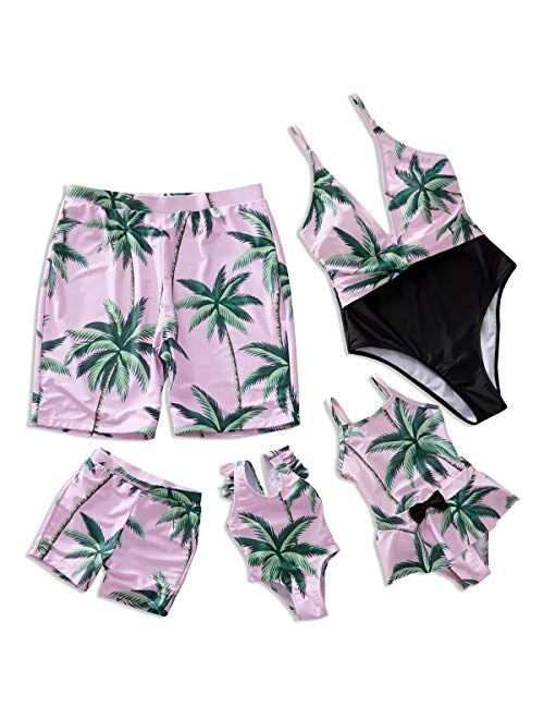 IFFEI Mommy and Me Swimsuit Family Matching Swimwear One Piece Coconut Tree Printed V Neck Bathing Suit Brother Sister Siblings Matching swimsuit