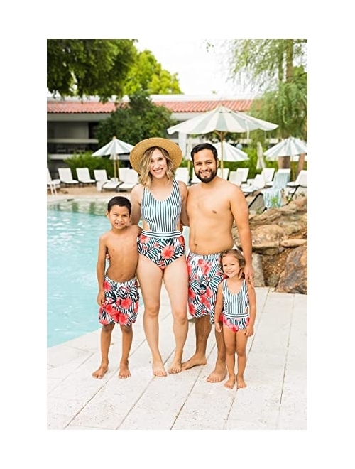 IFFEI Family Matching Swimwear One Piece Floral Printed Bathing Suit Tank Top Striped Beachwear