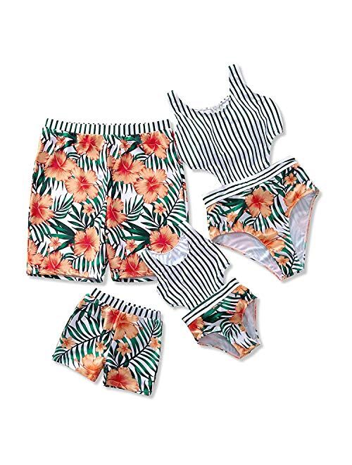 IFFEI Family Matching Swimwear One Piece Floral Printed Bathing Suit Tank Top Striped Beachwear
