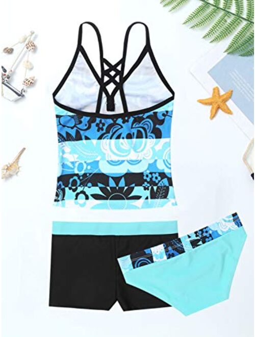 Nimiya Kids Girls 3 Pieces Swimsuit Floral Printed Criss Cross Tops with Shorts Bottoms Tankini Bathing Suit