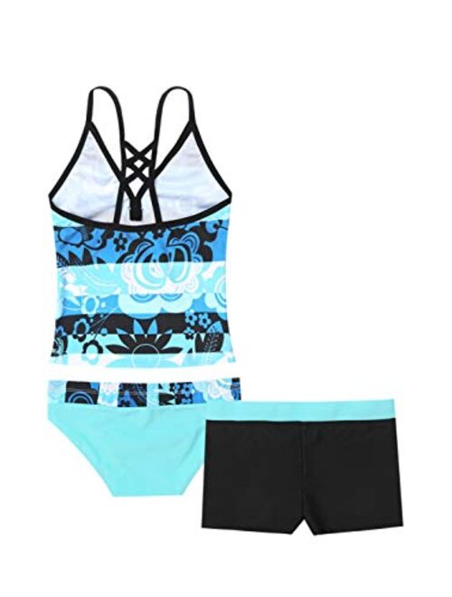 Nimiya Kids Girls 3 Pieces Swimsuit Floral Printed Criss Cross Tops with Shorts Bottoms Tankini Bathing Suit