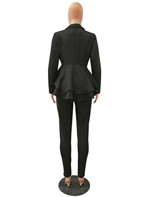 Remelon 2 Piece Outfits for Women Blazer with Pants Deep V Long Sleeve Slim Fit Ruffle Pelplum Business Suit