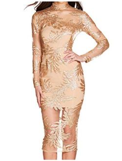 Women's Long Sleeves Deep V Plunge Neck Sequin and Bandage Club Party Dress