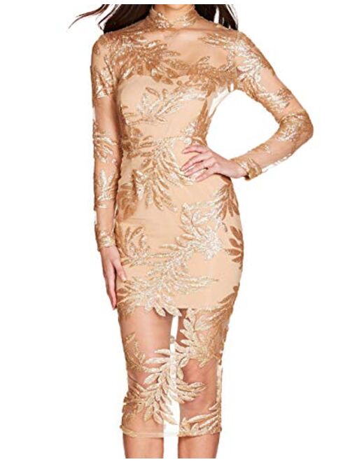 UONBOX Women's Long Sleeves Deep V Plunge Neck Sequin and Bandage Club Party Dress