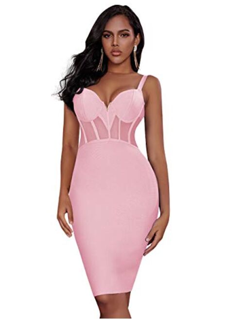 UONBOX Women's V Neck Mesh Spliced Strappy Bandage Dress with Metal Adorned
