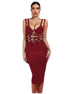 Women's Sexy Cut Out Strappy Bodycon Bandage Club Party Midi Dress with Belt
