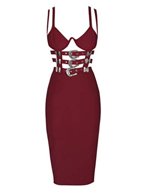 UONBOX Women's Sexy Cut Out Strappy Bodycon Bandage Club Party Midi Dress with Belt