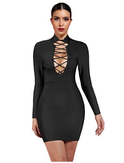 UONBOX Women's Sexy Lace Up Front Long Sleeves Mini Club Party Bodycon Bandage Dress