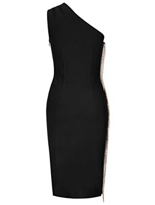 UONBOX Women's One Shoulder Sleeveless Bodycon Bandage Midi Dress Fashion Club Party Dress