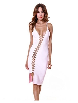 Women's Sexy Deep V Neck Lace Up Spagghtti Strap Club Bandage Dress