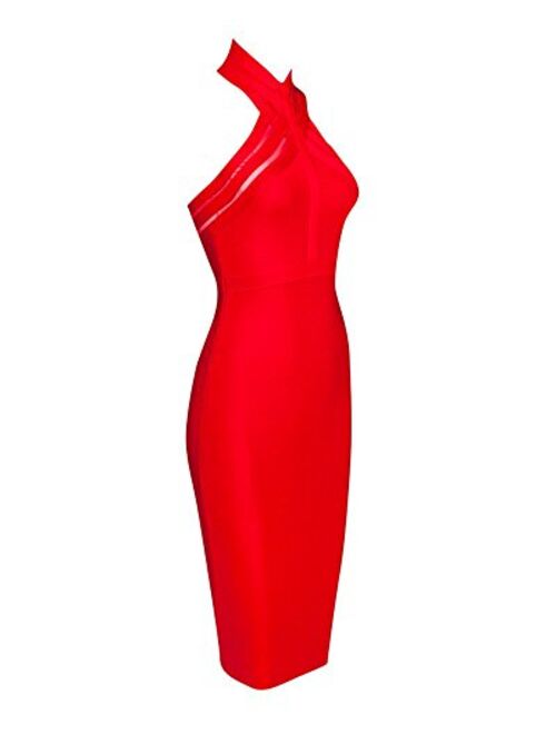 UONBOX Women's Backless Halterneck Knee Length Cocktail Clubwear Bandage Dress