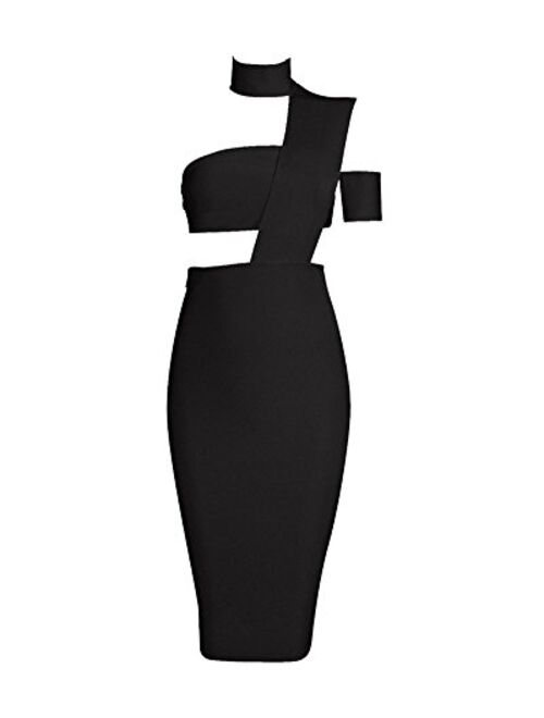 UONBOX Women' Halter Sexy Cut Out Bustline Midi Clubwear Bandage Dress