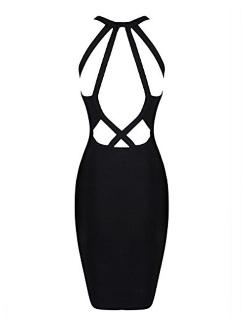 UONBOX Women's Halter Hollow Out Mini Bodycon Bandage Dress (XS, Black)