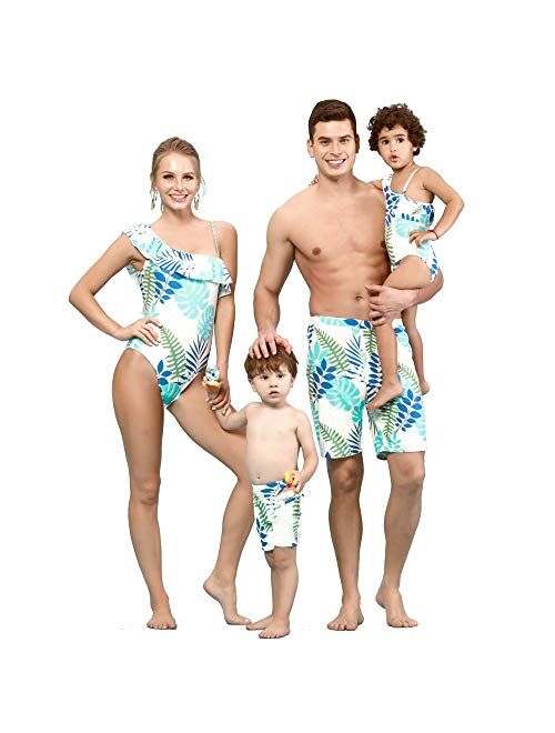 IFFEI Family Matching Swimwear One Piece Leaf Printed One Shoulder Monokini Ruffle Bathing Suit