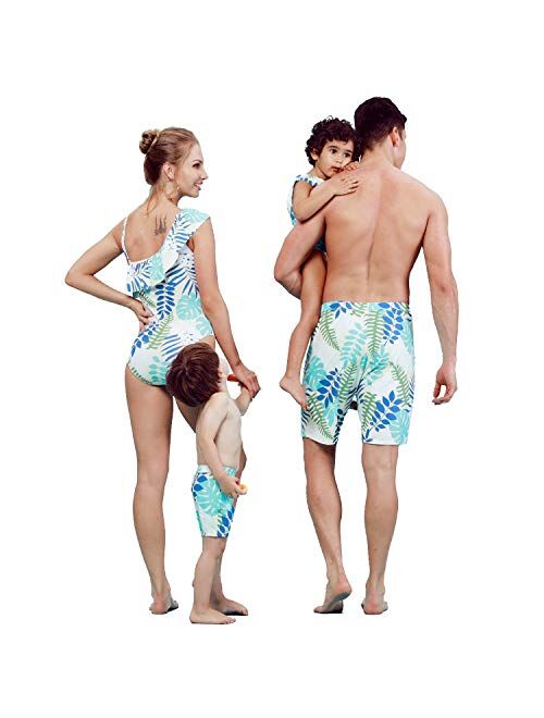 IFFEI Family Matching Swimwear One Piece Leaf Printed One Shoulder Monokini Ruffle Bathing Suit