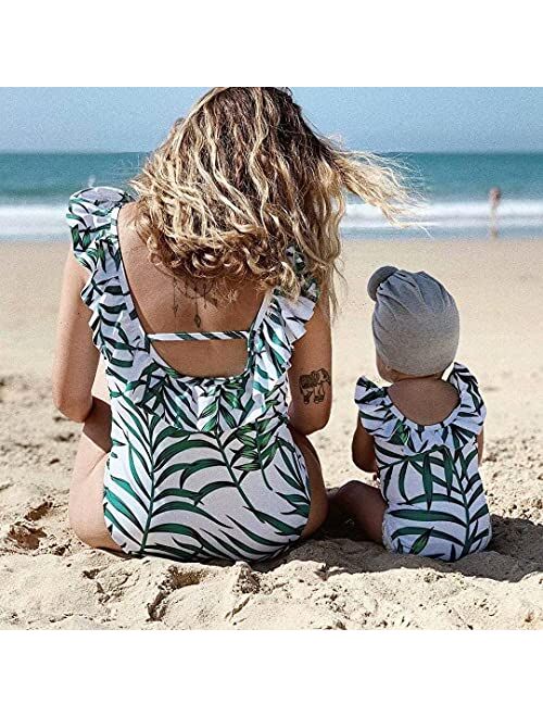 IFFEI Mommy and Me Swimsuit One Piece Leaves Printed V Neck Family Matching Swimwear