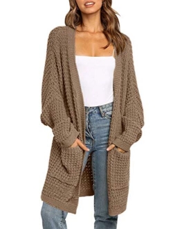 Women's Long Batwing Sleeve Open Front Chunky Knit Cardigan Sweater with Pockets