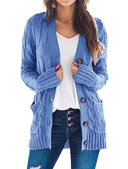 Womens Long Sleeve Open Front Knitted Cardigan Sweater Button Down Chunky Outwear Coat with Pockets