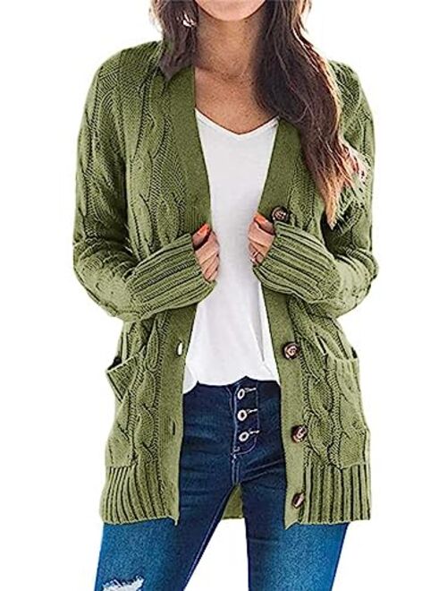 PRETTYGARDEN Women’s Long Sleeve Open Front Knitted Cardigan Sweater Button Down Chunky Outwear Coat with Pockets