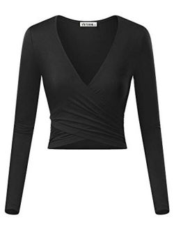 VETIOR Women's Deep V Neck Long Sleeve Unique Slim Fit Cross Wrap Shirts Crop Tops
