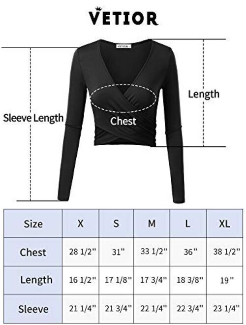 VETIOR Women's Deep V Neck Long Sleeve Unique Slim Fit Cross Wrap Shirts Crop Tops