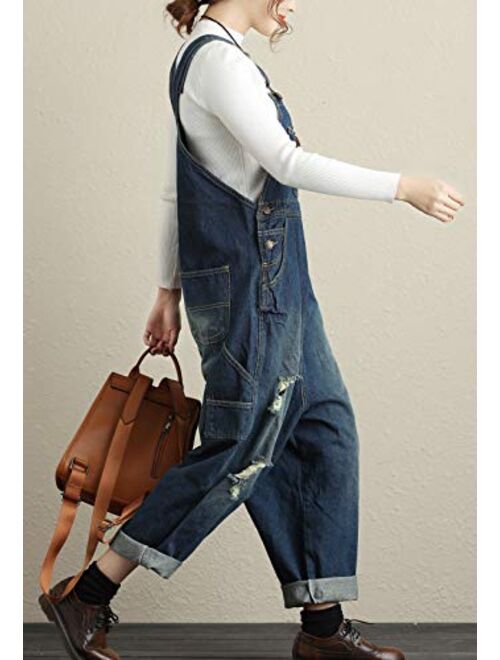 Flygo Women's Loose Baggy Cotton Wide Leg Drop Crotch Cropped Jumpsuit Rompers Overalls