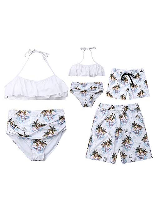 Family Matching Palm Tree Print White Bathing Suit Mom&Girl 2-Piece Bikini Sets Dad&Boy Surf Shorts