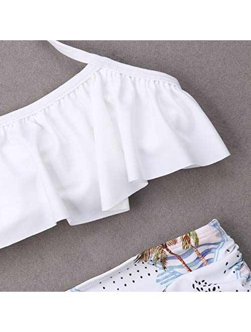 Family Matching Palm Tree Print White Bathing Suit Mom&Girl 2-Piece Bikini Sets Dad&Boy Surf Shorts