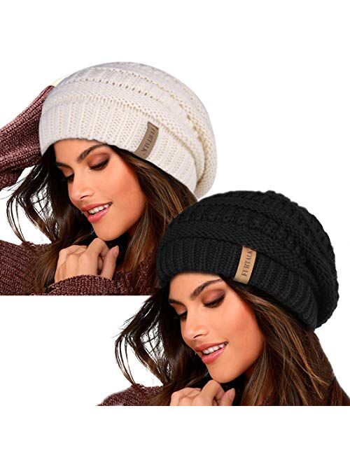 FURTALK Knit Beanie Hats for Women Men Fleece Lined Ski Skull Cap Slouchy Winter Hat 2PCS