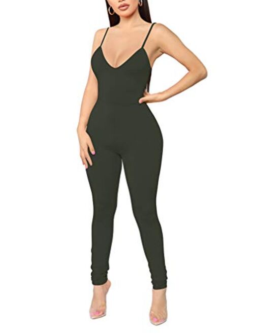 LAGSHIAN Women's Sexy V Neck Tank Sleeveless Elasitic Waist Jumpsuit Romper