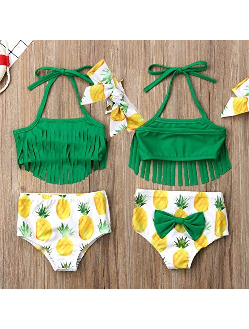 Toddler Kids Baby Girl Swimwear Cute Dinosaur Print Tassel Top Bikini Set Summer Swimsuit Beachwear with Headband