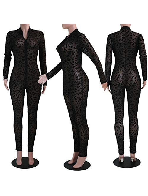Uni Clau Women See Through Bodycon Jumpsuit - One Piece Deep V Neck Outfits Sheer Mesh Leopard Clubwear Jumpsuit Rompers