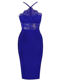Women's Sexy Lace Spliced Backless Spaghetti Strap Halter Cocktail Party Bandage Dress