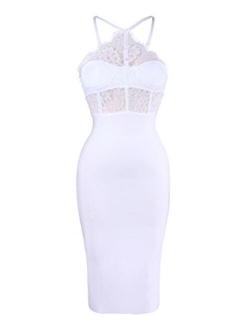 Women's Sexy Lace Spliced Backless Spaghetti Strap Halter Cocktail Party Bandage Dress