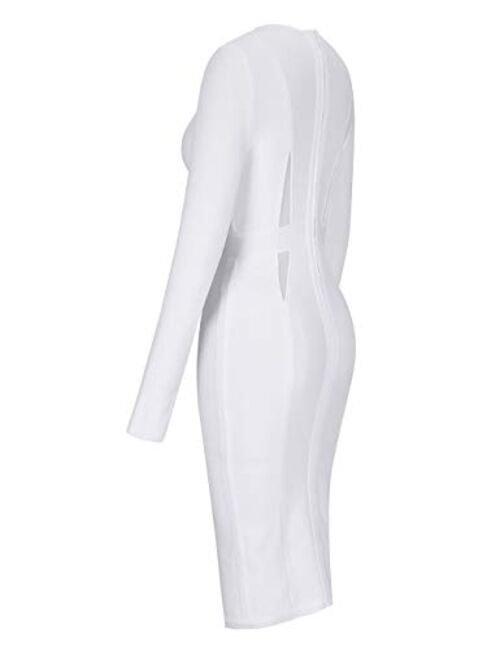 UONBOX Women's Long Sleeves Mesh Panel Knee Length Club Party Bodycon Bandage Dress