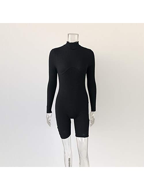 XLLAIS Women Sexy High Neck Long Sleeve Bodycon Shorts Jumpsuit Rib Outfits