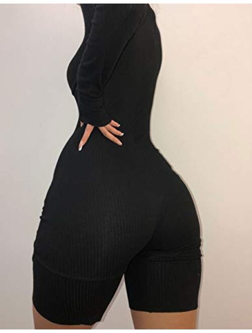 XLLAIS Women Sexy High Neck Long Sleeve Bodycon Shorts Jumpsuit Rib Outfits