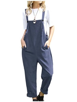 YESNO Women Casual Loose Long Bloomer Bib Pants Overalls Baggy Cotton Jumpsuits Rompers Elastic Cuff Pockets PA0