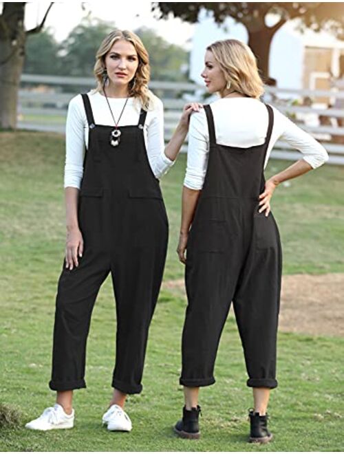 YESNO Women Casual Loose Long Bloomer Bib Pants Overalls Baggy Cotton Jumpsuits Rompers Elastic Cuff Pockets PA0