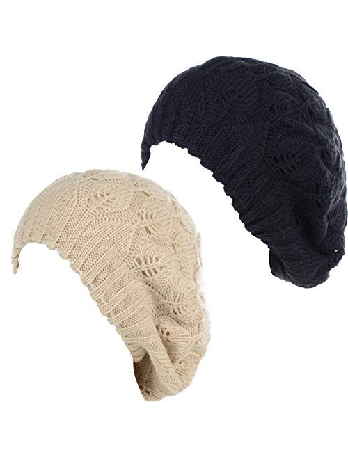 BYOS Women Mid-Weight Slouchy Leafy Cutout Crochet Soft Knit French Beret Hat