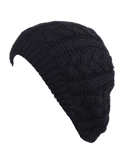 BYOS Womens Winter Cozy Cable Fleece Lined Knit Beret Beanie Hat (Set Available)