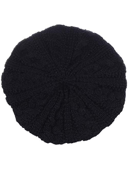BYOS Womens Winter Cozy Cable Fleece Lined Knit Beret Beanie Hat (Set Available)