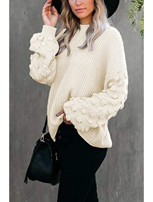 Sovoyontee Women's Cute Oversized Crewneck Loose Puff Sleeves Chunky Knit Pullover Sweater