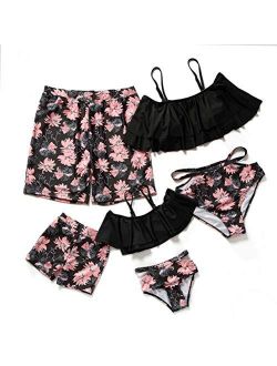 Herbeeza Family Matching Swimsuits, Two Piece Swimsuit High Waisted Off Shoulder Ruffled Printed Mommy and Me Bikini Set