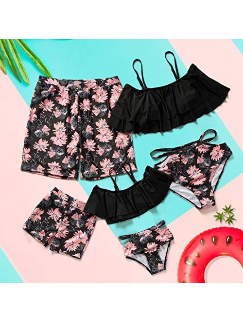 Herbeeza Family Matching Swimsuits, Two Piece Swimsuit High Waisted Off Shoulder Ruffled Printed Mommy and Me Bikini Set