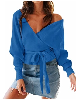 Women's Wrap V Neck Long Batwing Sleeve Belted Waist Ruffle Knitted Sweater Pullover Top