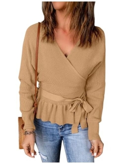 Women's Wrap V Neck Long Batwing Sleeve Belted Waist Ruffle Knitted Sweater Pullover Top