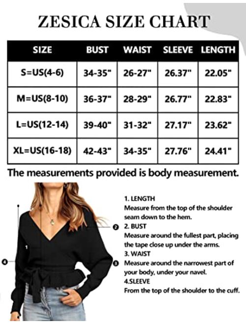 ZESICA Women's Wrap V Neck Long Batwing Sleeve Belted Waist Ruffle Knitted Sweater Pullover Top