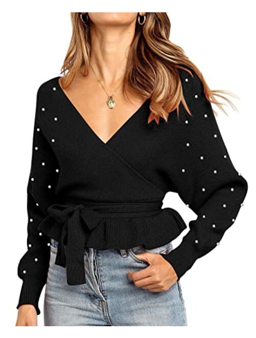 ZESICA Women's Wrap V Neck Long Batwing Sleeve Belted Waist Ruffle Knitted Sweater Pullover Top